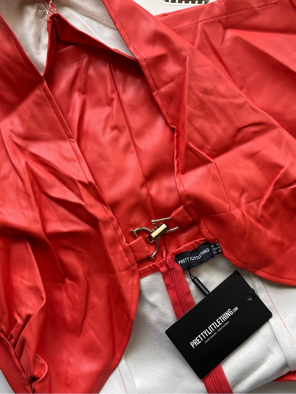 PrettyLittleThing Red Satin Mini Dress with Gold Hardware